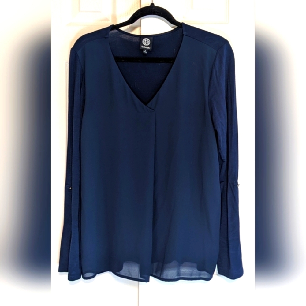 5/$25 Bobeau Blue Long Sleeve Top with Sheer Overlay